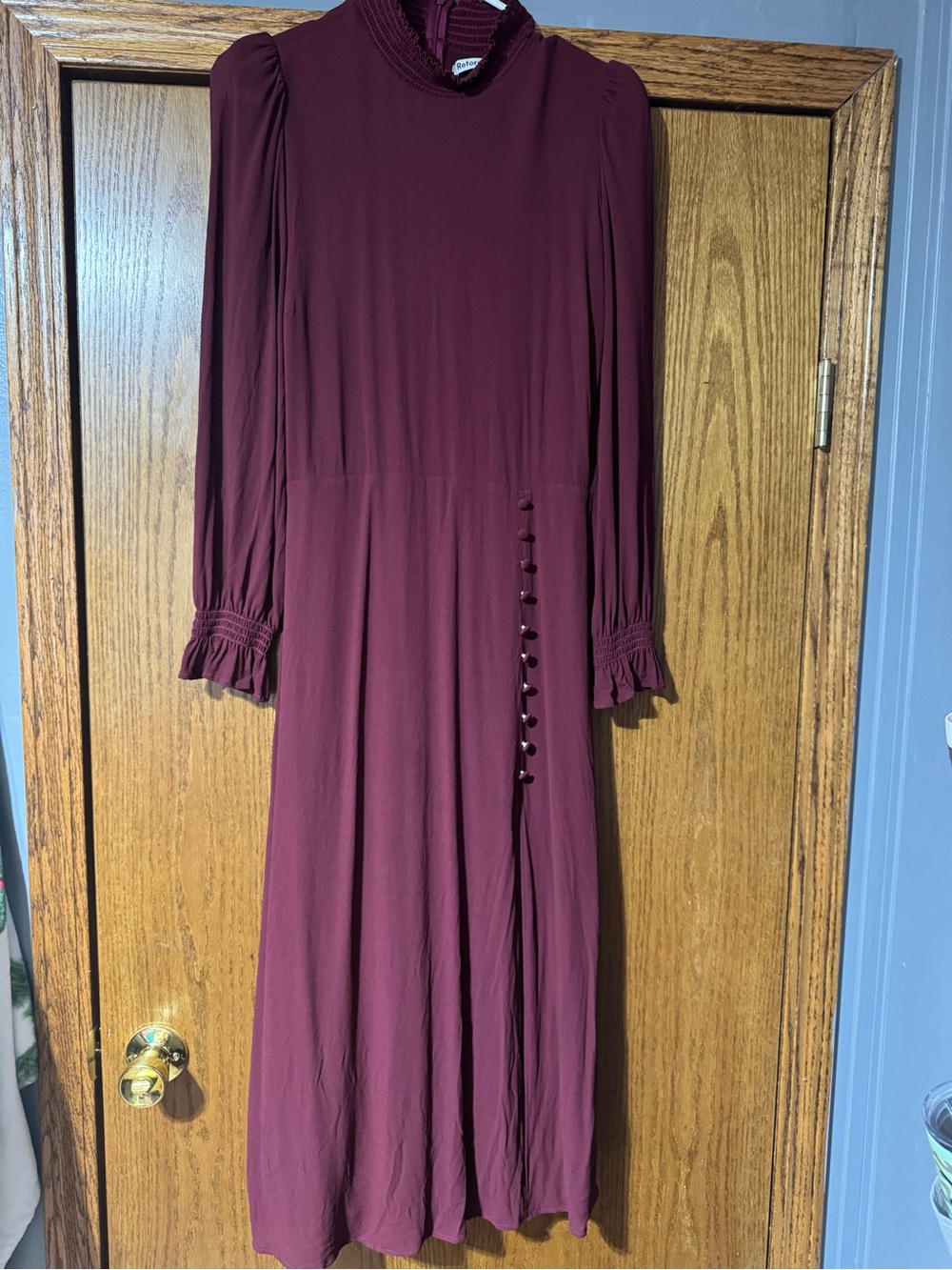 Reformation Wine Burgundy Long Sleeve Midi Dress with Side Buttons